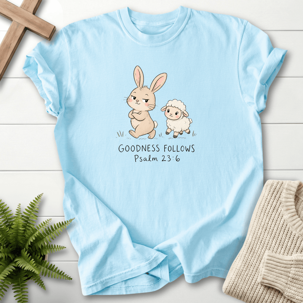 Goodness Follows Psalm 23 T-Shirt in Chambray | She Wears Faith