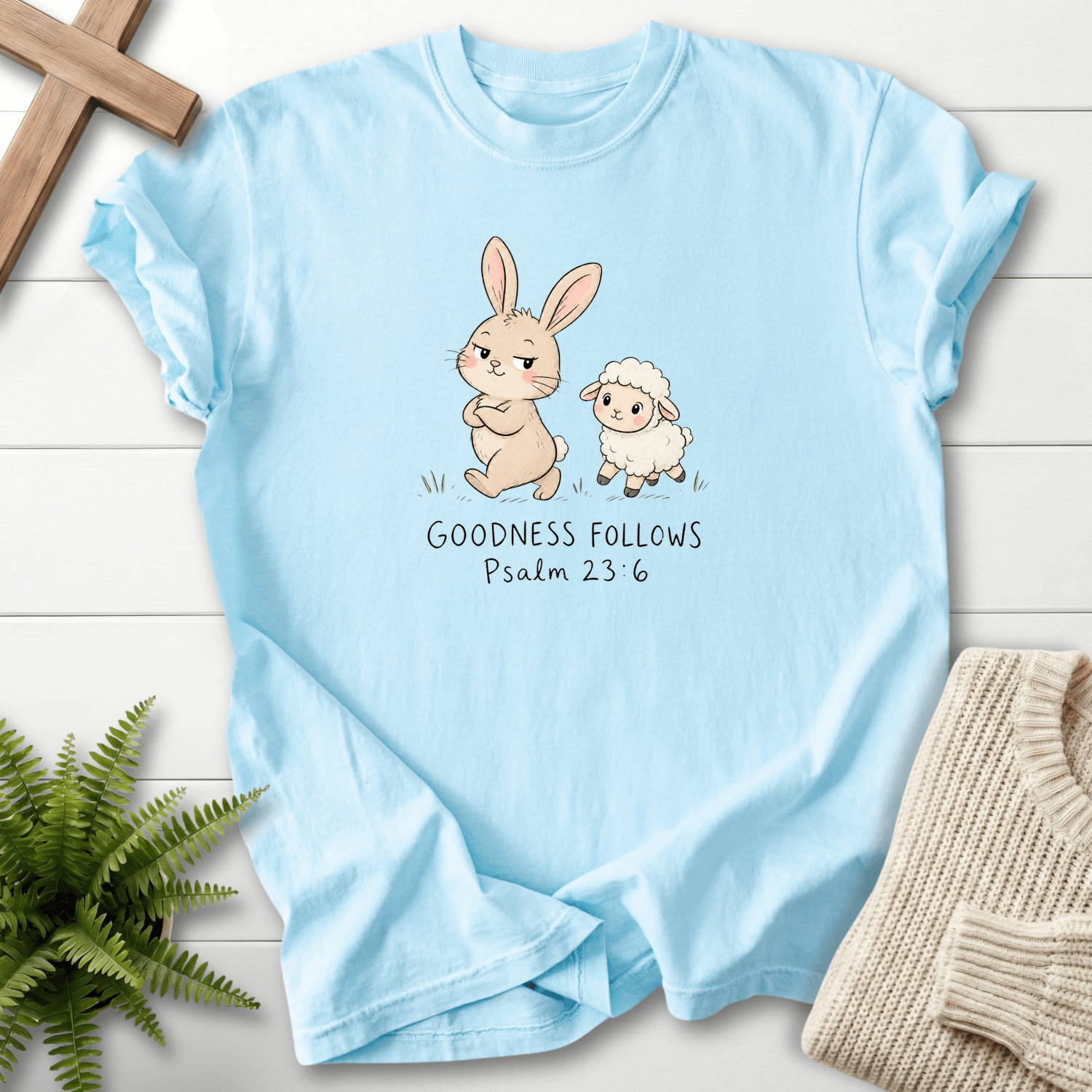 Goodness Follows Psalm 23 T-Shirt in Chambray | She Wears Faith