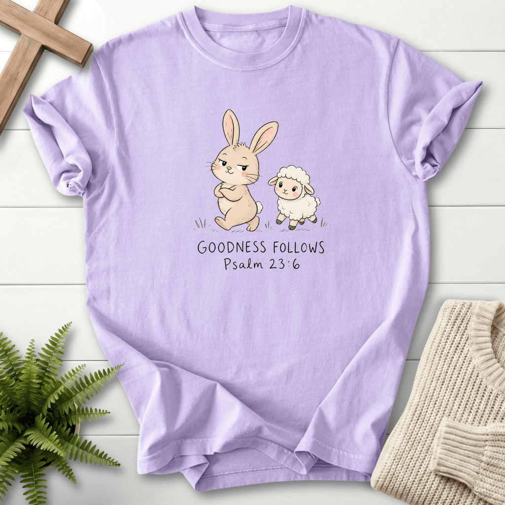 Goodness Follows Psalm 23 T-Shirt in Orchid | She Wears Faith