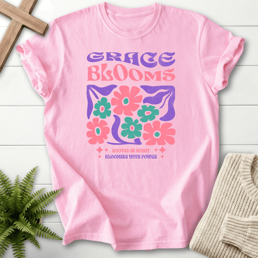 Blossom women's faith t-shirt with a groovy 'Grace Blooms' graphic and a pink teal daisy bouquet.