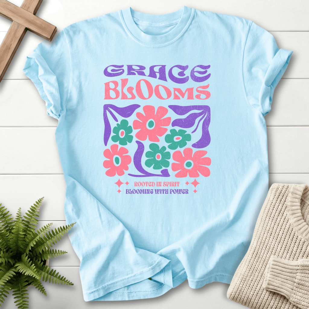Chambray women's faith t-shirt with a vintage 'Grace Blooms' floral frame design and Comfort Colors 1717 feel.