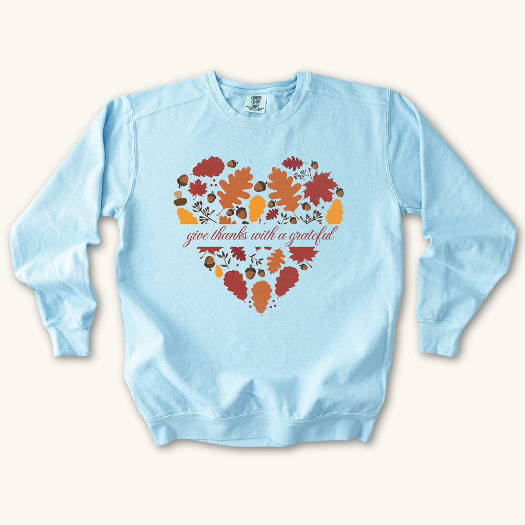 Chambray Grateful Heart Fall sweatshirt flat lay mockup, Christian apparel for women