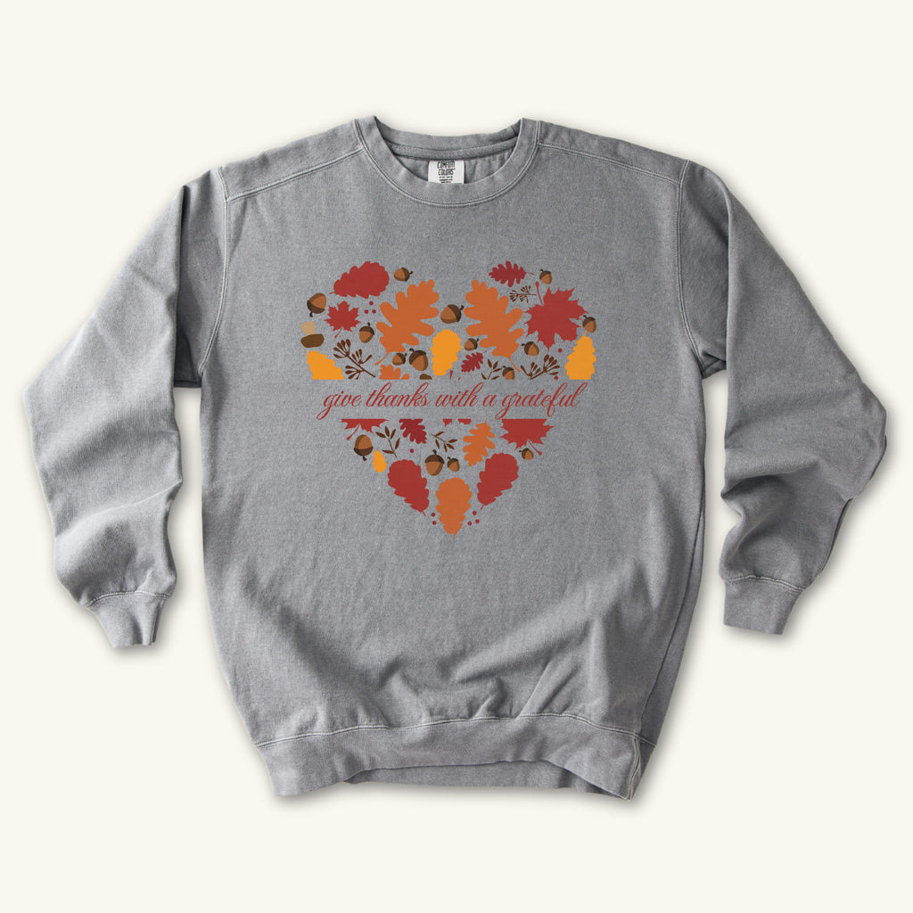 Grey Grateful Heart Fall sweatshirt flat lay mockup, Christian apparel for women