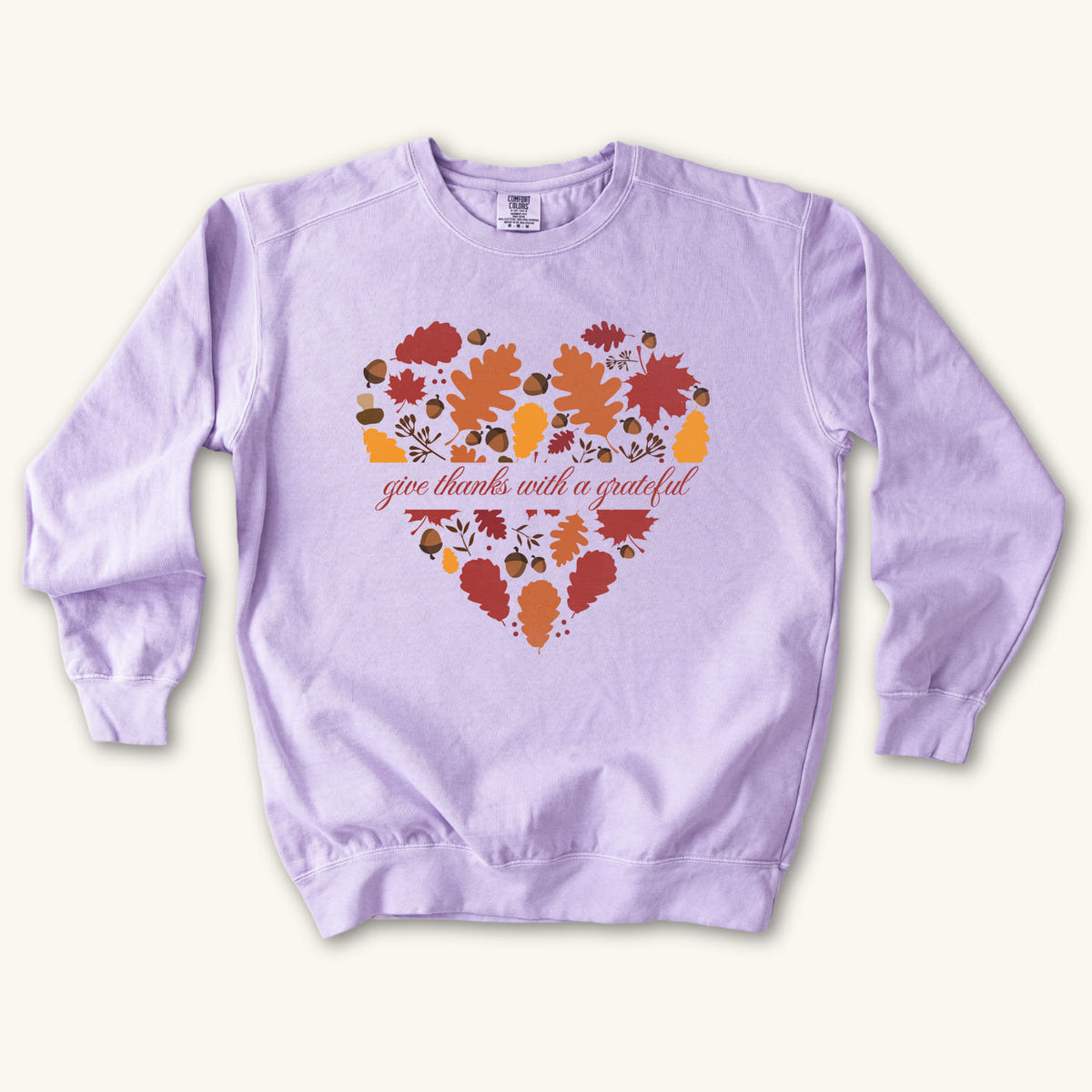 Orchid Grateful Heart Fall sweatshirt flat lay mockup, Christian apparel for women