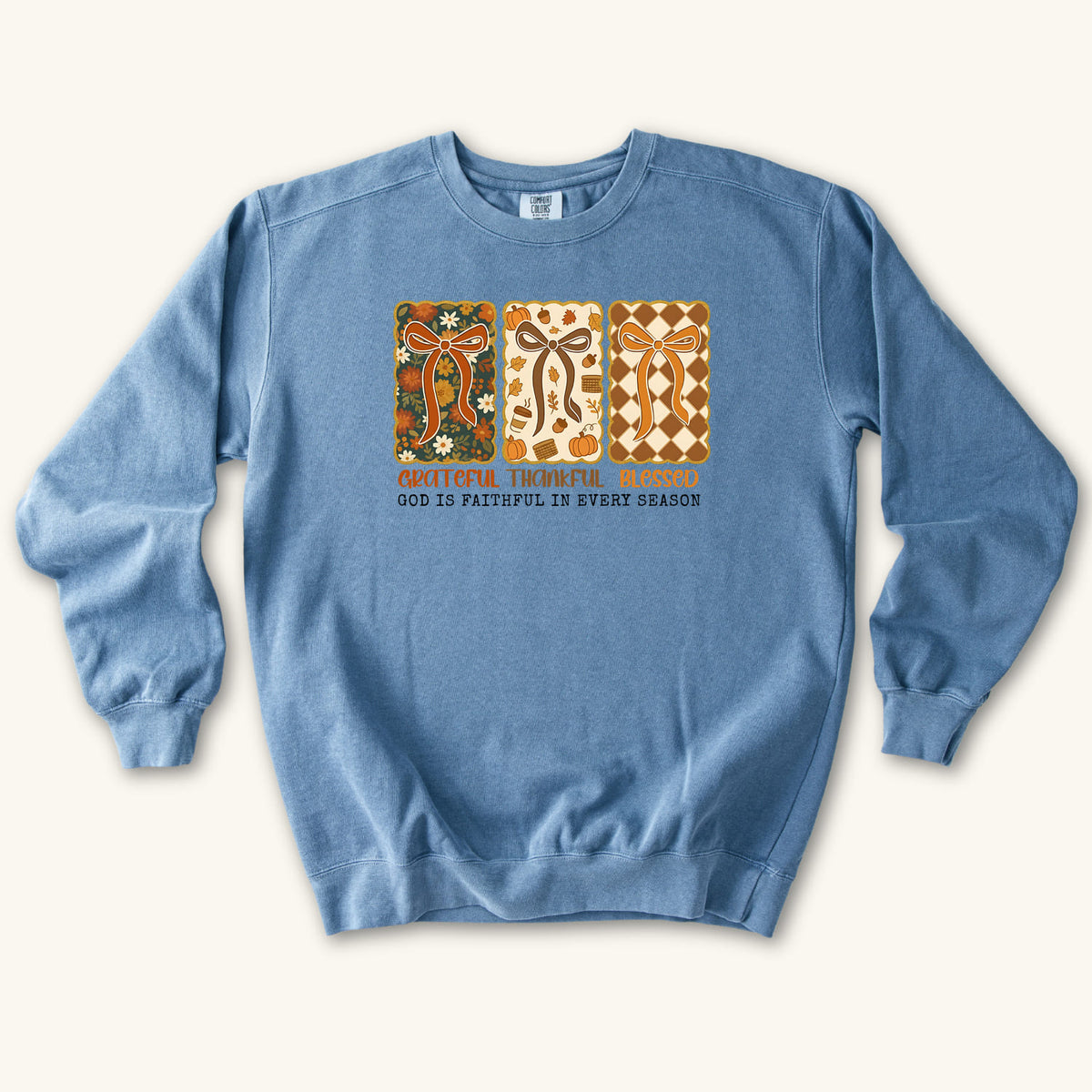 Blue Jean Grateful Thankful Blessed sweatshirt flat lay mockup, Christian apparel for women