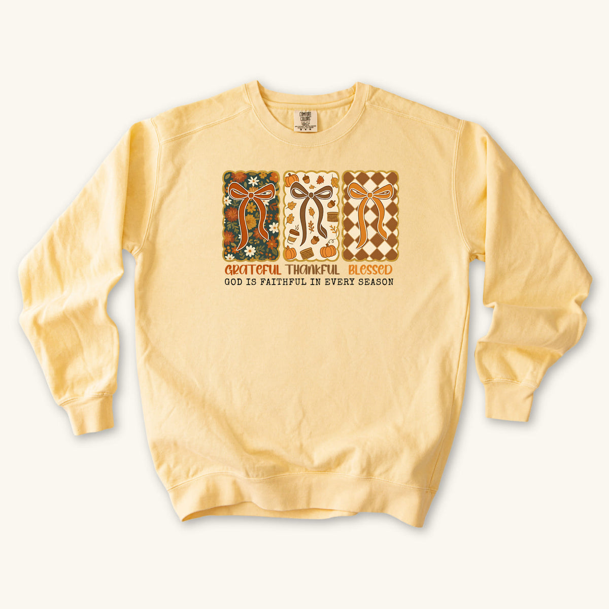 Butter Grateful Thankful Blessed sweatshirt flat lay mockup, Christian apparel for women