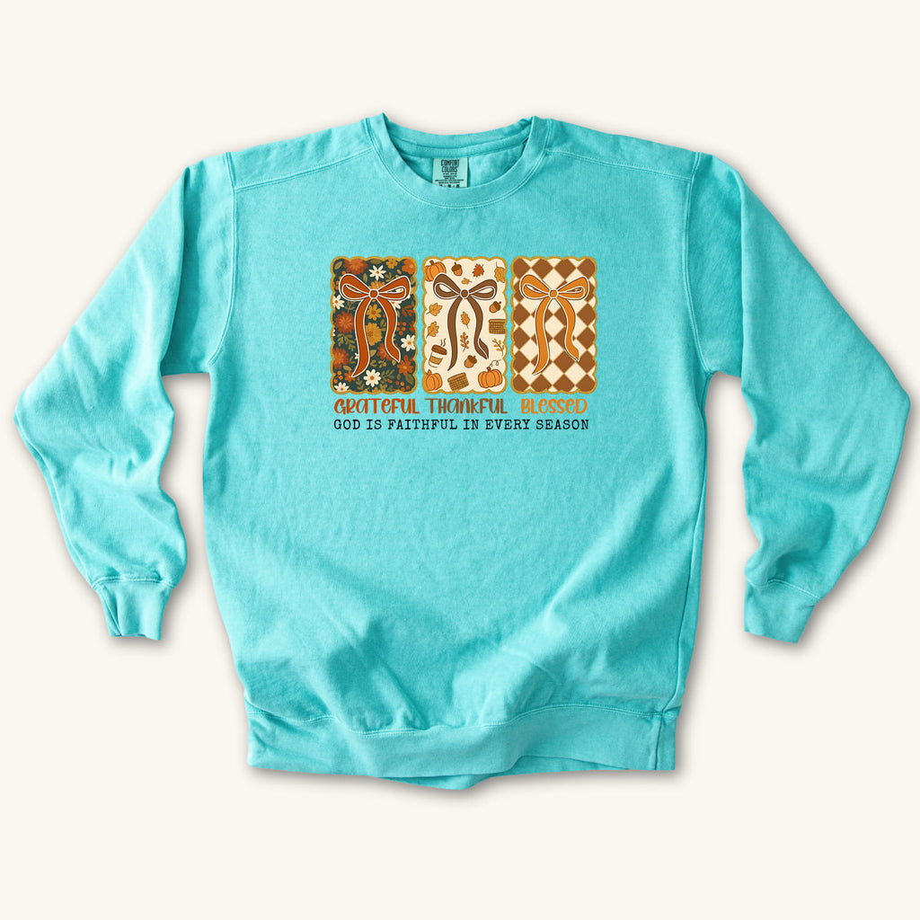 Chalky Mint Grateful Thankful Blessed sweatshirt flat lay mockup, Christian apparel for women