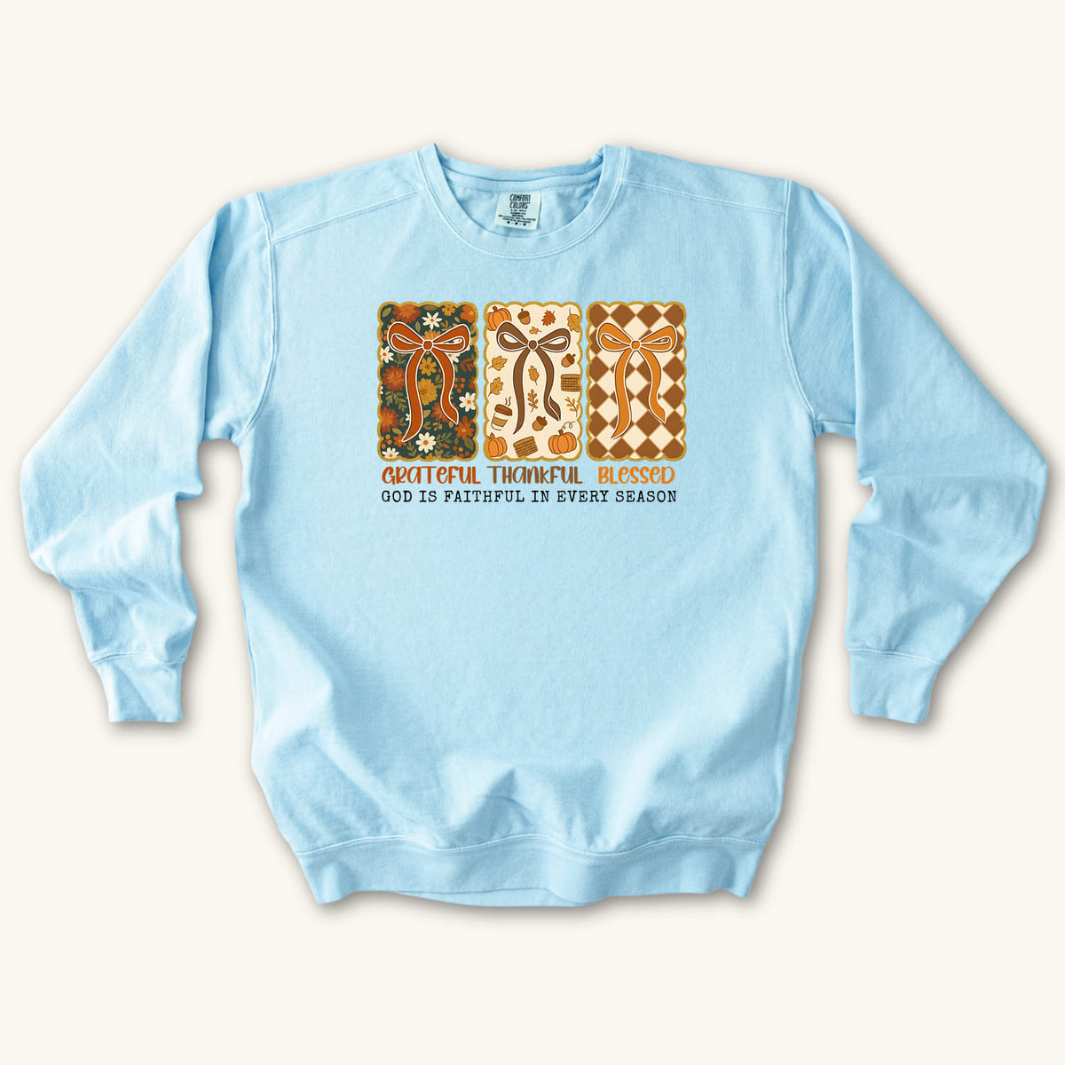 Chambray Grateful Thankful Blessed sweatshirt flat lay mockup, Christian apparel for women