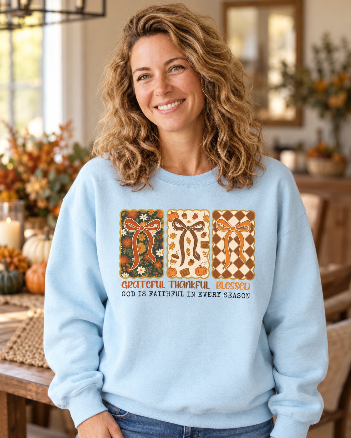 Grateful Thankful Blessed, Chambray women's Christian sweatshirt, lifestyle photo in cozy autumn harvest setting, Retro bow panels with GRATEFUL THANKFUL BLESSED, She Wears Faith