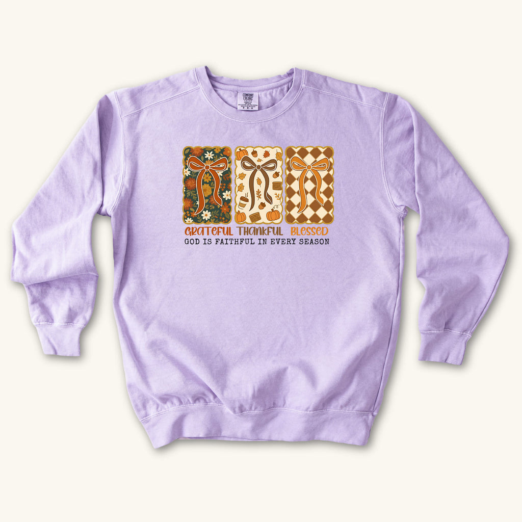 Orchid Grateful Thankful Blessed sweatshirt flat lay mockup, Christian apparel for women