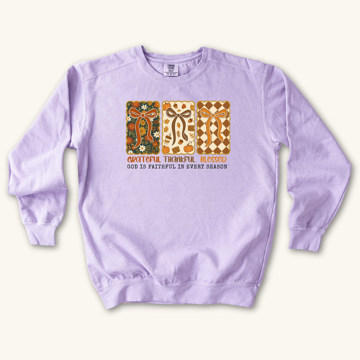 Orchid Grateful Thankful Blessed sweatshirt flat lay mockup, Christian apparel for women