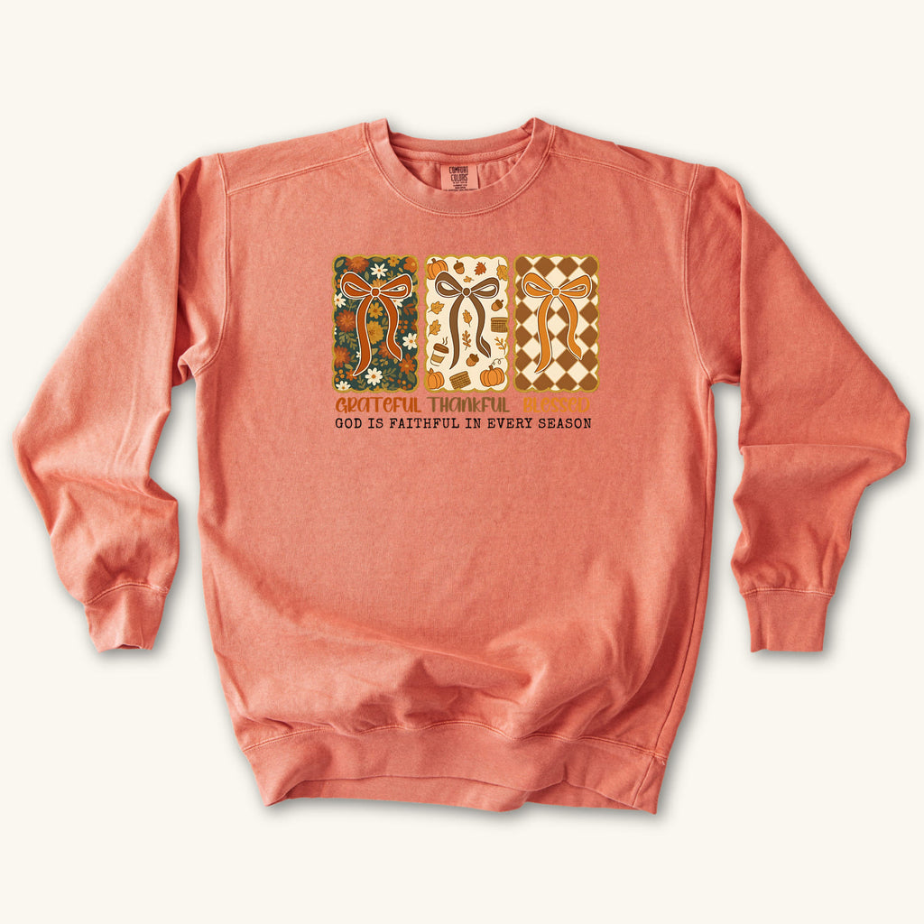 Terracotta Grateful Thankful Blessed sweatshirt flat lay mockup, Christian apparel for women