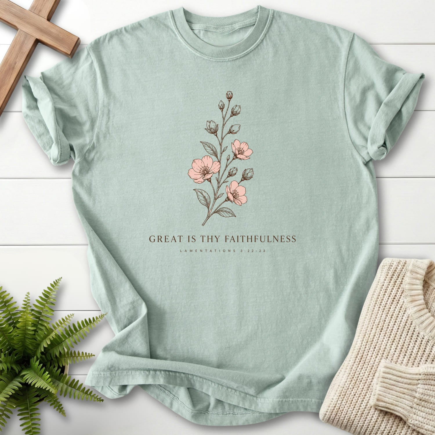 Flat lay of a Bay women's Christian tee featuring "Great is Thy Faithfulness T-Shirt" design.