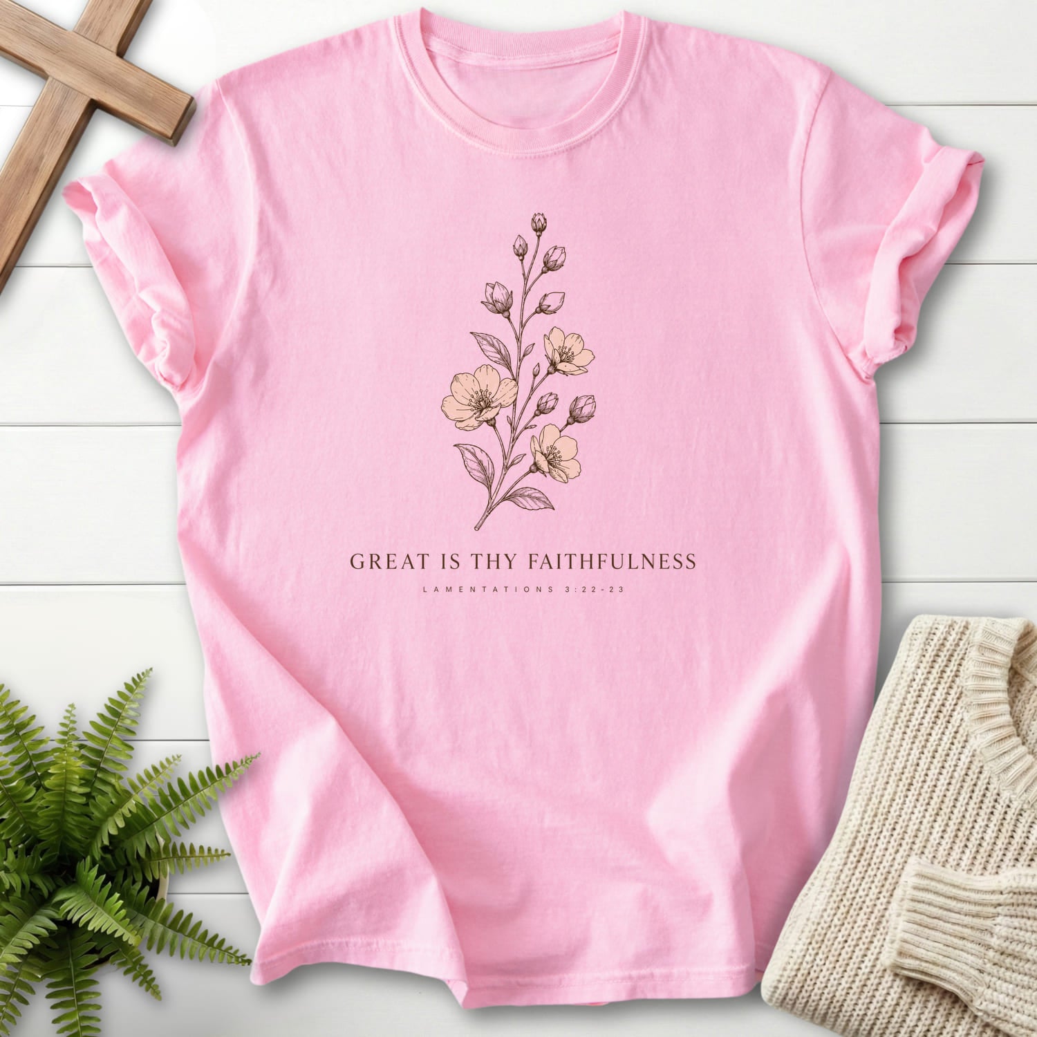 Flatlay of a Blossom Comfort Colors 1717 faith-inspired shirt with "Great is Thy Faithfulness T-Shirt" design.