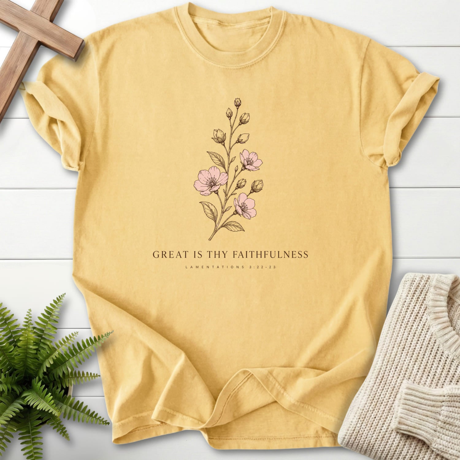 Butter color option for the Great is Thy Faithfulness Christian shirt with "Great is Thy Faithfulness T-Shirt" design.