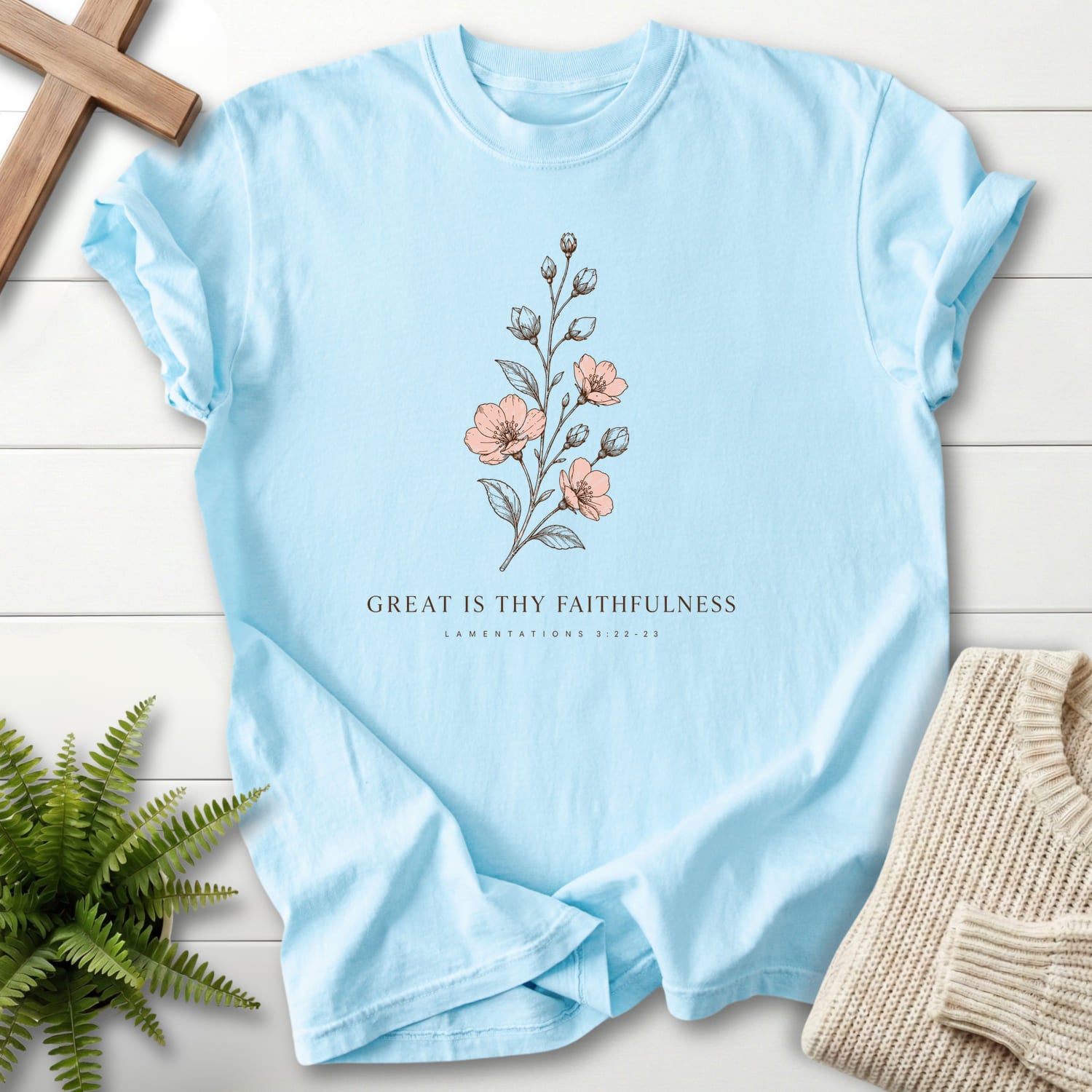 Flat lay of a Chambray Comfort Colors 1717 Christian t-shirt for women featuring "Great is Thy Faithfulness T-Shirt" design.