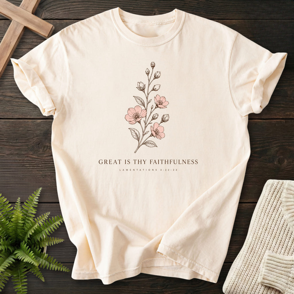 Flatlay of an Ivory faith-based tee with "Great is Thy Faithfulness T-Shirt" design.