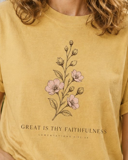 Great is Thy Faithfulness - Butter women's Christian tee, lifestyle photo in cottage doorway - Botanical cherry blossom stem with buds and leaves - Lamentations 3:22-23 - She Wears Faith