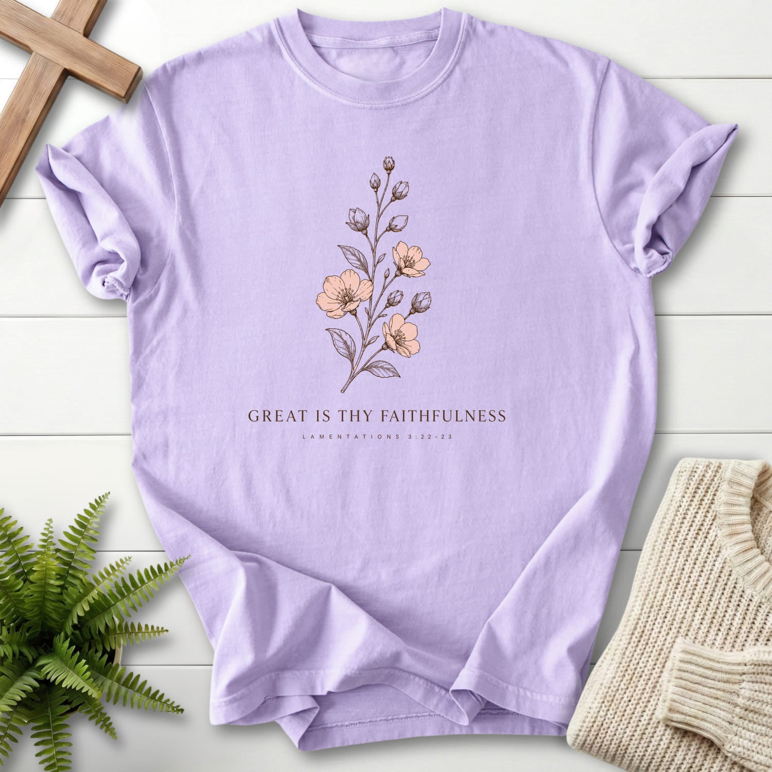 Orchid color option for the Great is Thy Faithfulness tee with "Great is Thy Faithfulness T-Shirt" design for women's faith apparel.