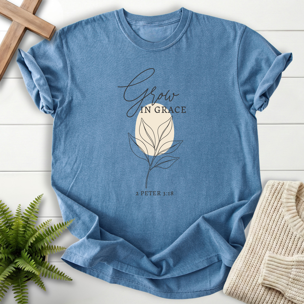 Blue Jean women's faith t-shirt with a line-art plant drawing and 'Grow in Grace', inspired by 2 Peter 3:18.