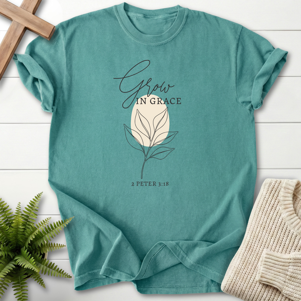 Chalky Mint Bible verse tee with a minimal sprouting plant motif and 'Grow in Grace', inspired by 2 Peter 3:18.
