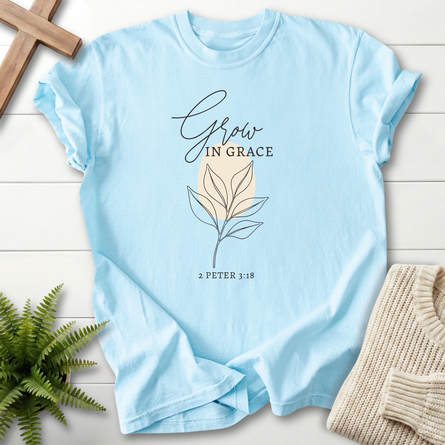 Chambray Bible verse tee with clean botanical line-art and 'Grow in Grace', inspired by 2 Peter 3:18.