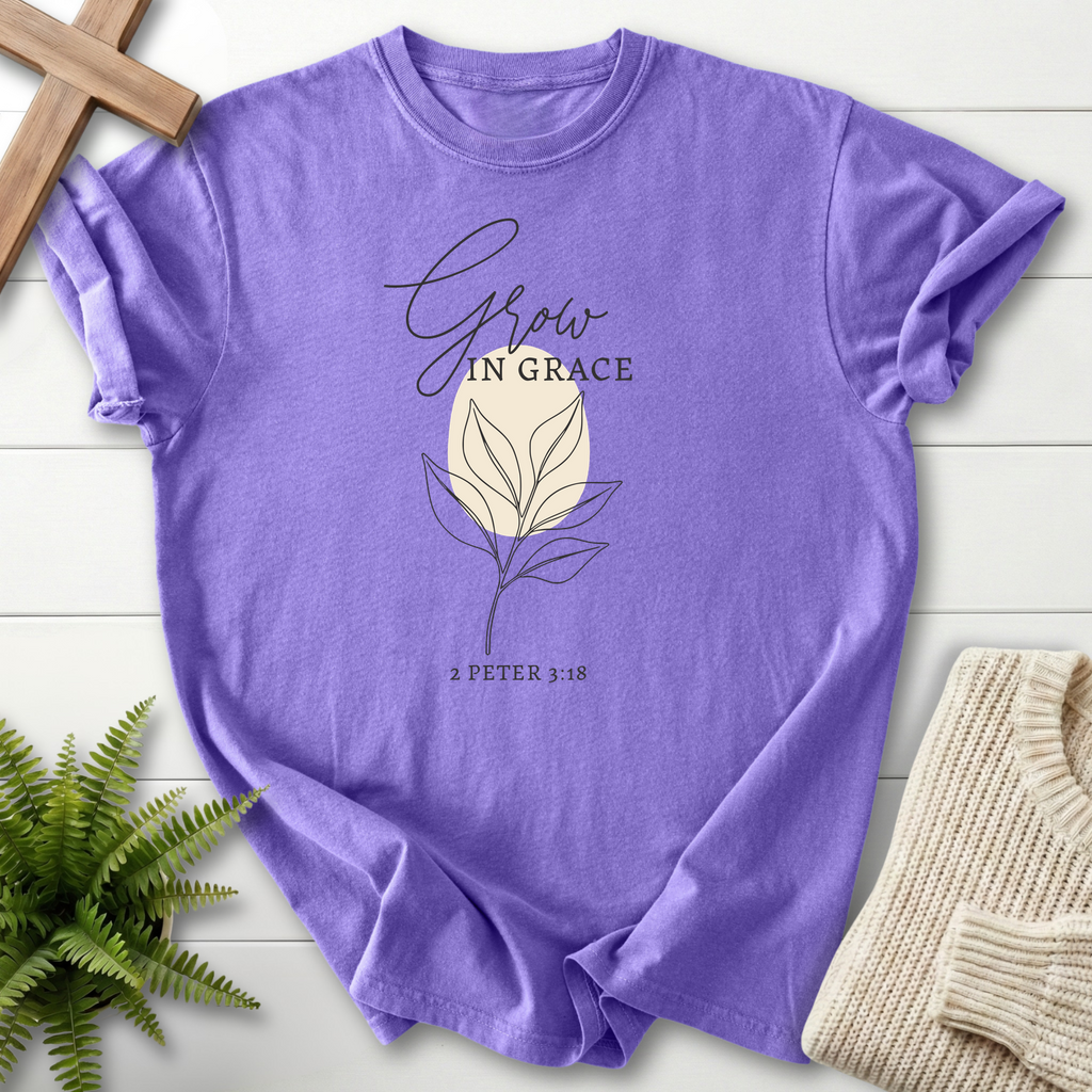 Violet women's faith t-shirt with a simple sprout illustration and 'Grow in Grace', inspired by 2 Peter 3:18.