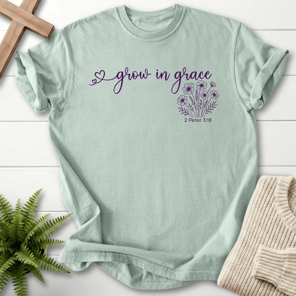 Bay Bible verse tee with a floral 'grow in grace' design featuring a wildflower bouquet, inspired by 2 Peter 3:18.