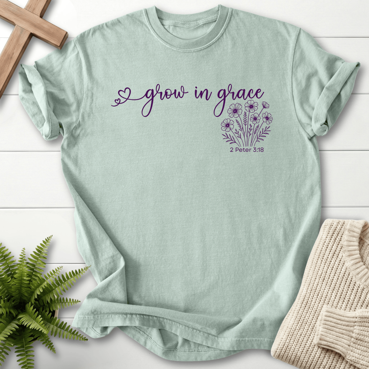 Bay Bible verse tee with a floral 'grow in grace' design featuring a wildflower bouquet, inspired by 2 Peter 3:18.
