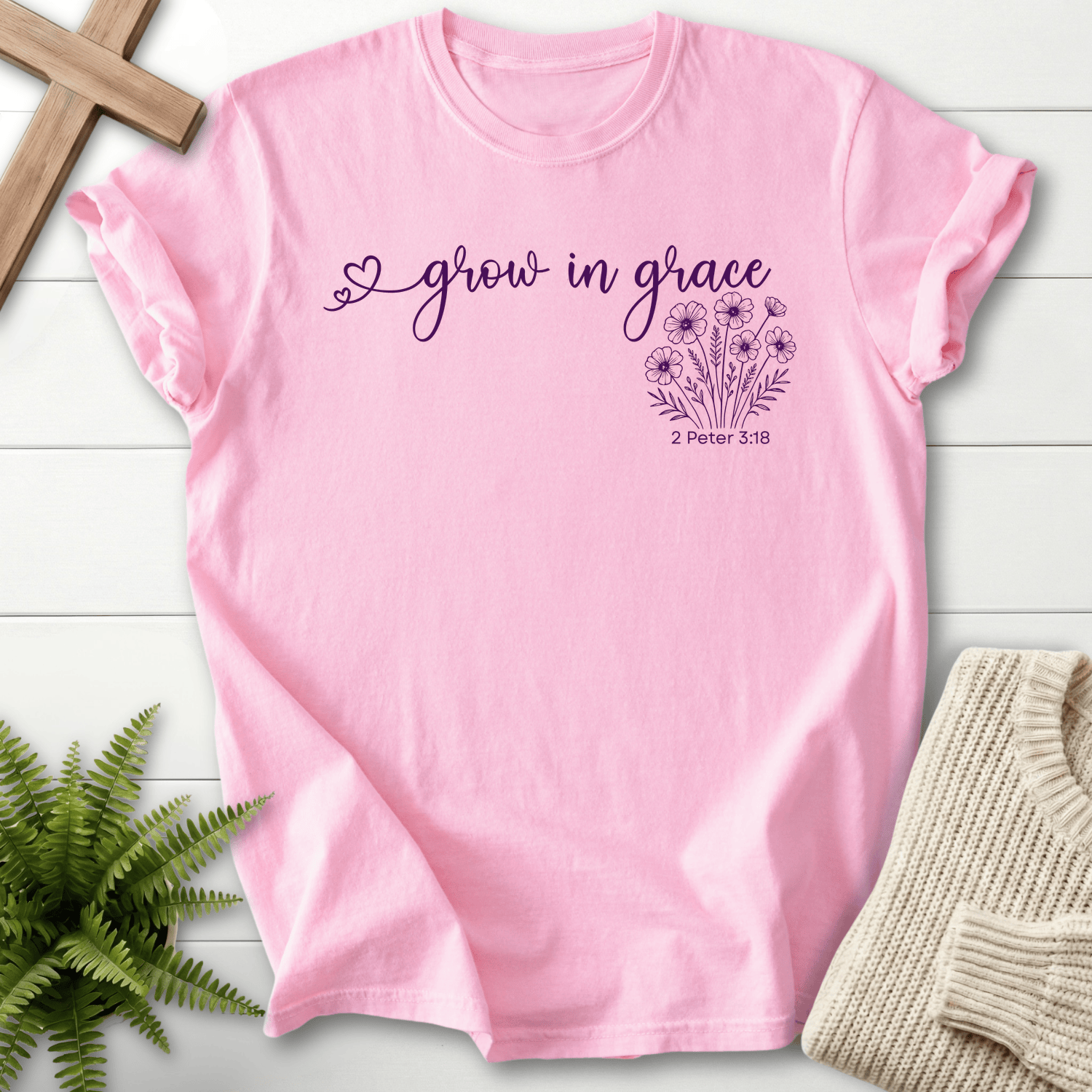 Blossom Bible verse tee with 'grow in grace' script and a daisy wildflower bouquet illustration, inspired by 2 Peter 3:18.