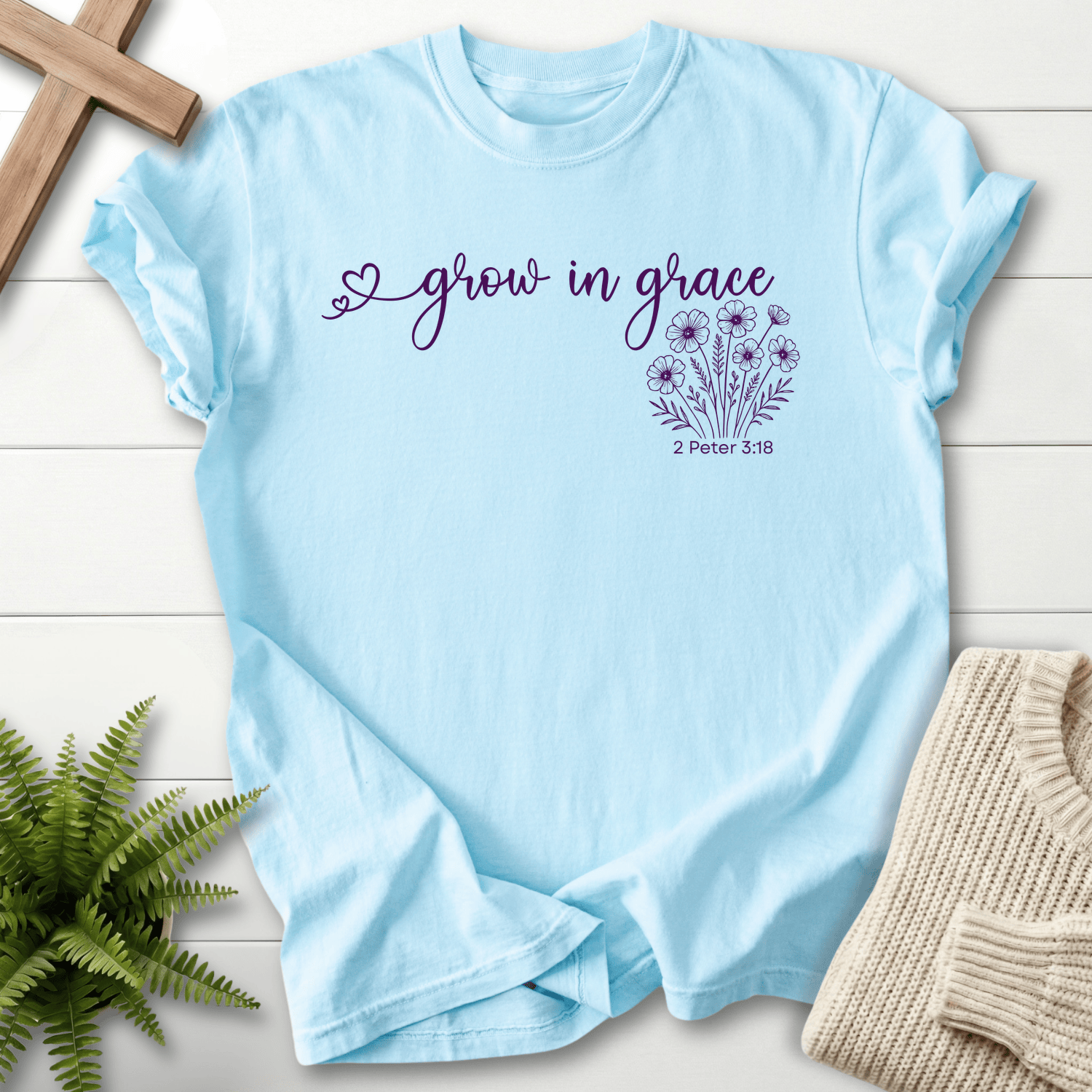 Chambray Bible verse tee with 'grow in grace' script and a daisy floral bouquet, Comfort Colors 1717, inspired by 2 Peter 3:18.