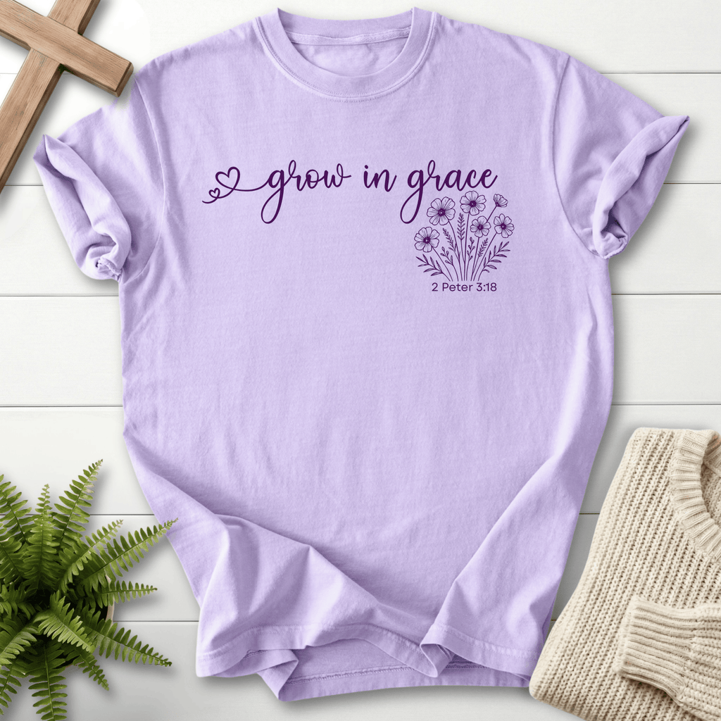 Orchid Bible verse tee with cursive 'grow in grace' and a wildflower bouquet, inspired by 2 Peter 3:18.