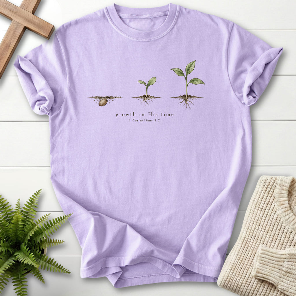 Orchid color option for the Growth in His Time Scripture shirt with "Growth in His Time T-Shirt" 1 Corinthians 3:7.