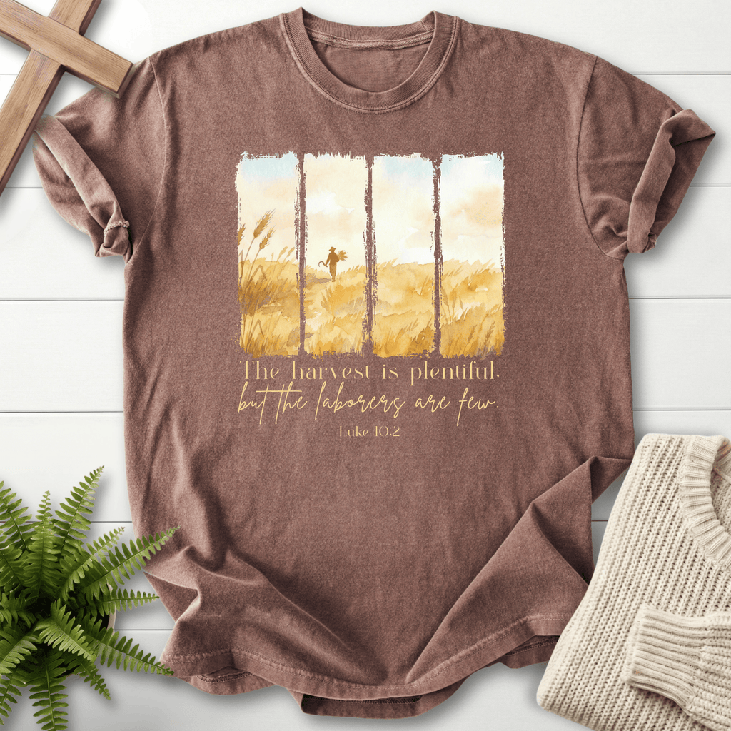 Espresso women's faith t-shirt with four-panel harvest watercolor art and 'The harvest is plentiful, but the laborers are few'.