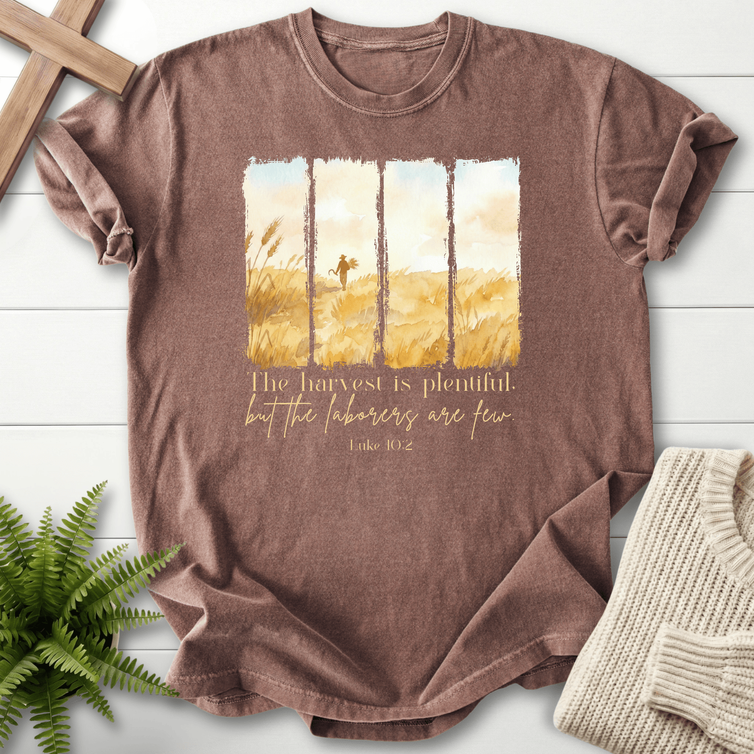 Espresso women's faith t-shirt with four-panel harvest watercolor art and 'The harvest is plentiful, but the laborers are few'.
