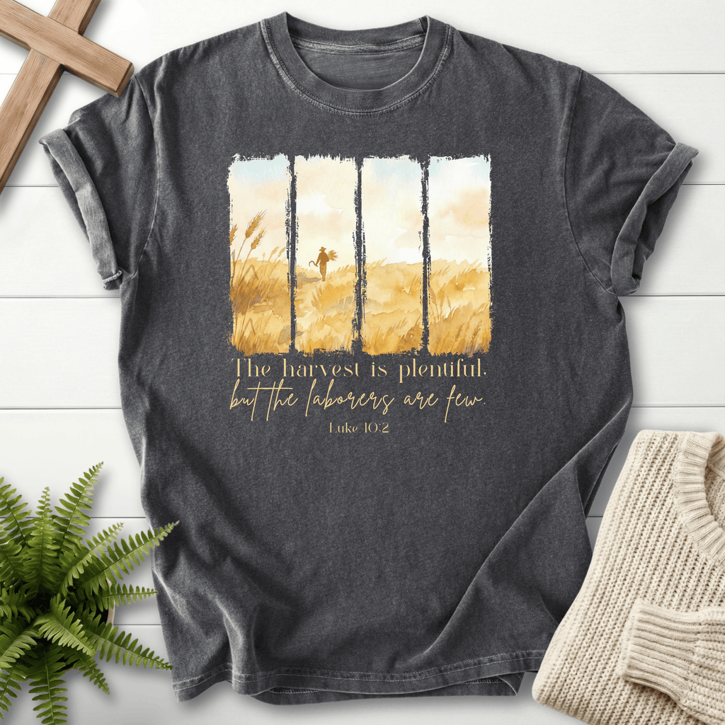 Pepper Bible verse tee with golden wheat field watercolor panels and 'the laborers are few', inspired by Luke 10:2.