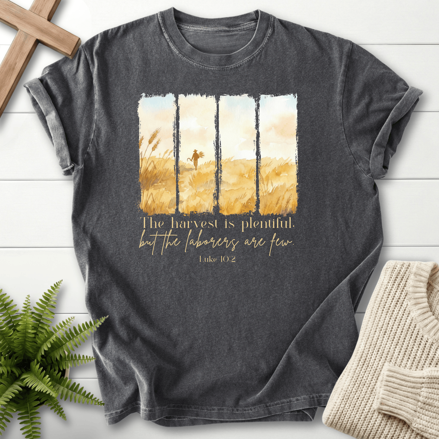 Pepper Bible verse tee with golden wheat field watercolor panels and 'the laborers are few', inspired by Luke 10:2.