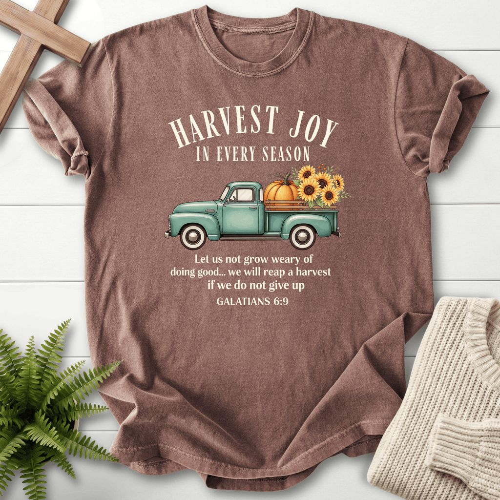 Espresso women's faith t-shirt with a retro harvest truck illustration and Galatians 6:9 scripture about not growing weary.