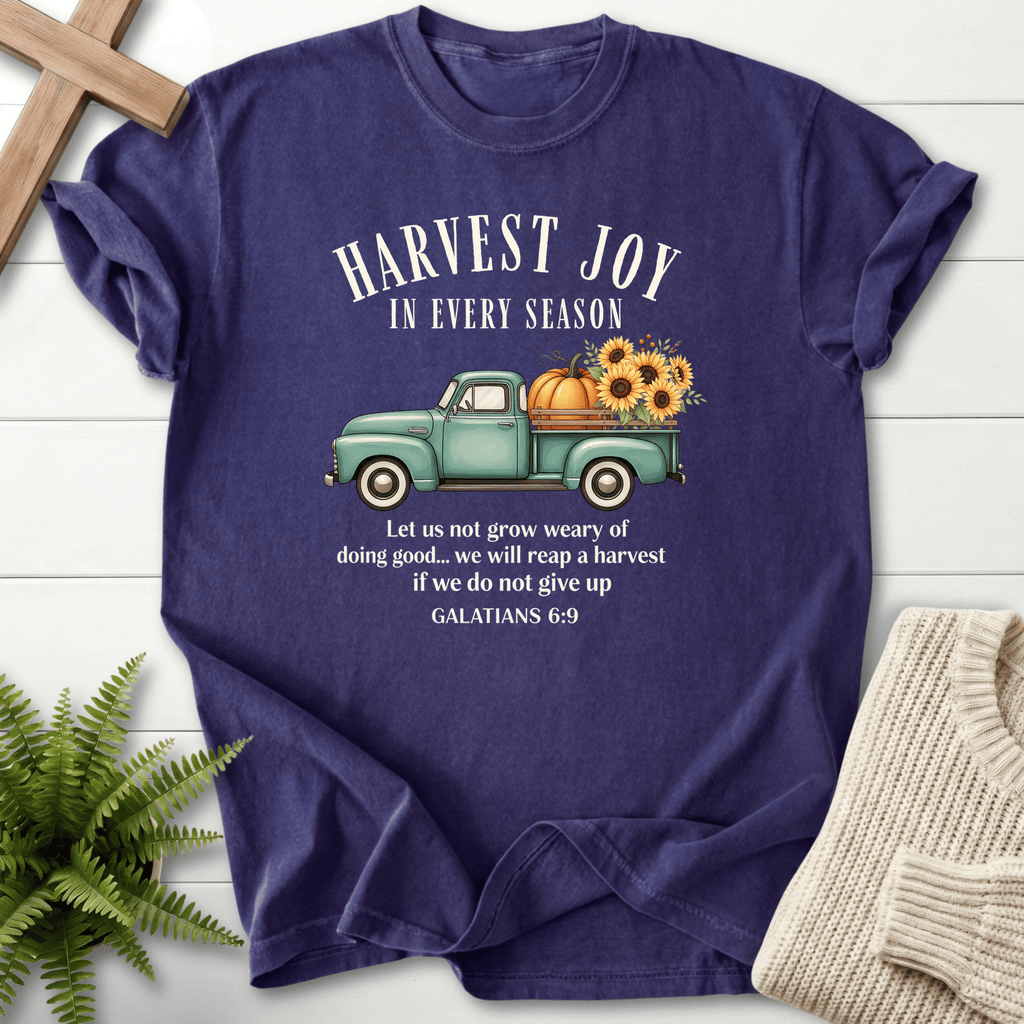 Grape Bible verse tee with a vintage sunflower and pumpkin truck and 'Harvest Joy in Every Season', inspired by Galatians 6:9.