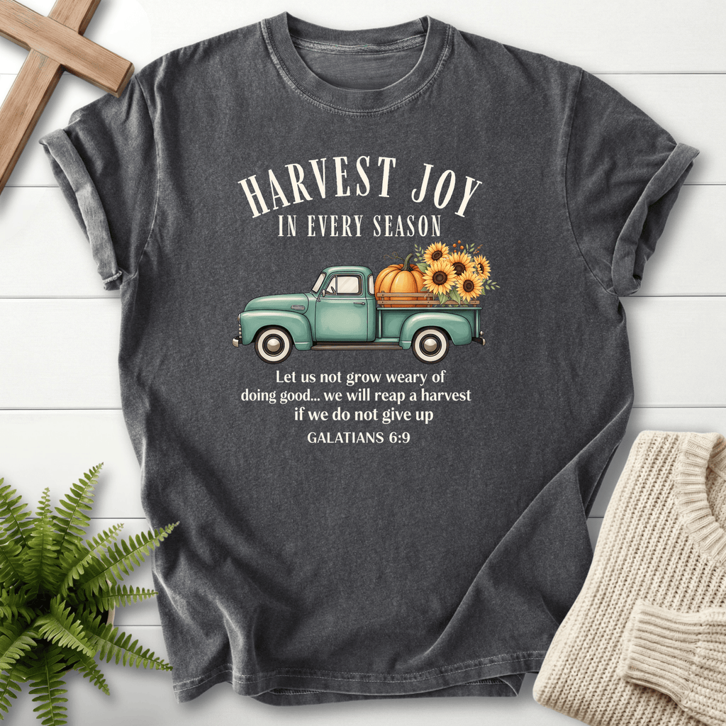 Pepper women's faith t-shirt with a fall farm truck and pumpkin graphic and 'Harvest Joy in Every Season', inspired by Galatians 6:9.