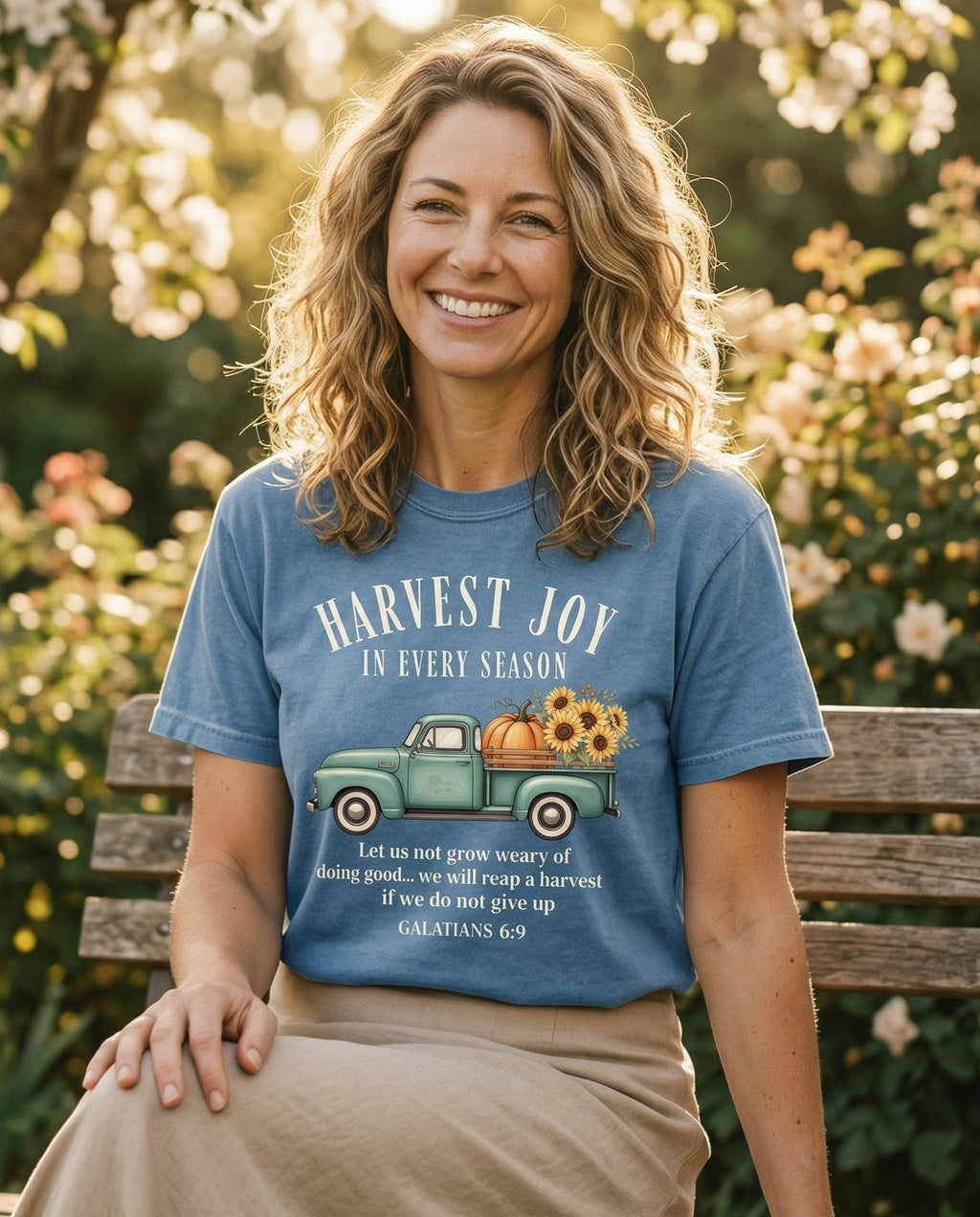 Harvest Joy T-shirt – Blue Jean women's Christian tee, lifestyle photo in outdoor garden – Vintage teal farm truck loaded with pumpkins and sunflowers illustrati – Galatians 6:9 – She Wears Faith