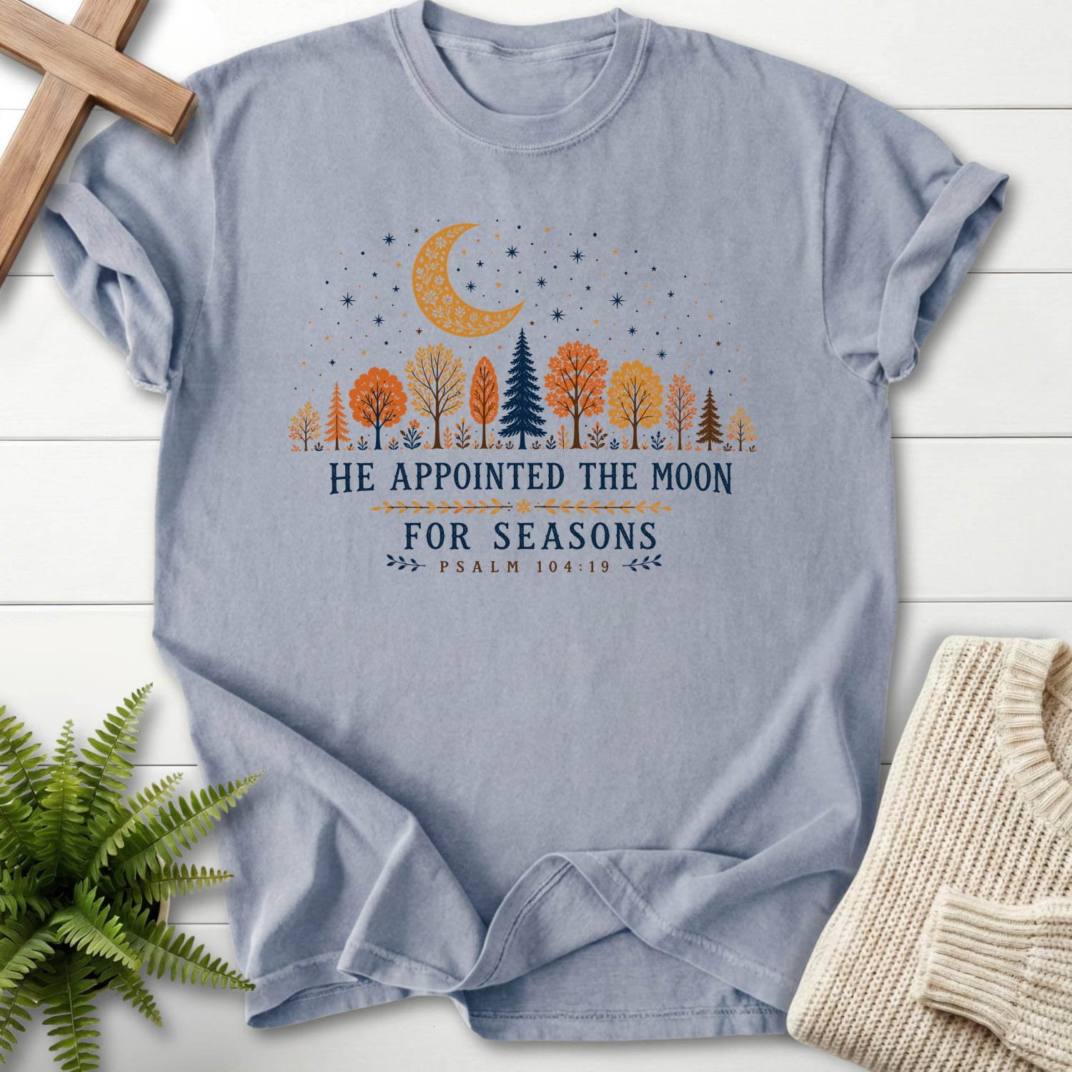 Granite color option for the He Appointed the Moon tee with floral line art with "He Appointed the Moon for Seasons T-Shirt" Psalm 104:19 from Printi.