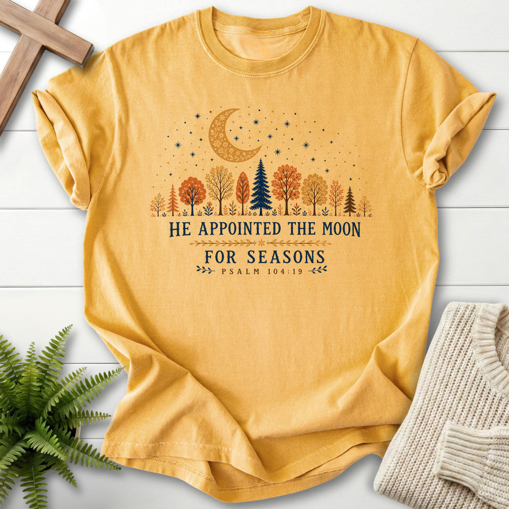Mustard color option for the He Appointed the Moon women's Christian tee with floral line art with "He Appointed the Moon for Seasons T-Shirt" Psalm.