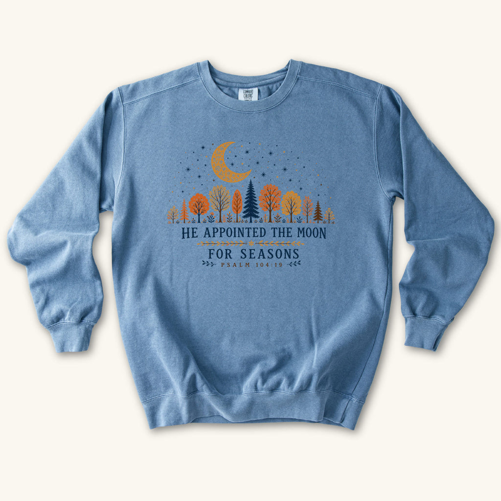 Blue Jean He Appointed the Moon sweatshirt flat lay mockup, Psalm 104:19 Christian apparel for women