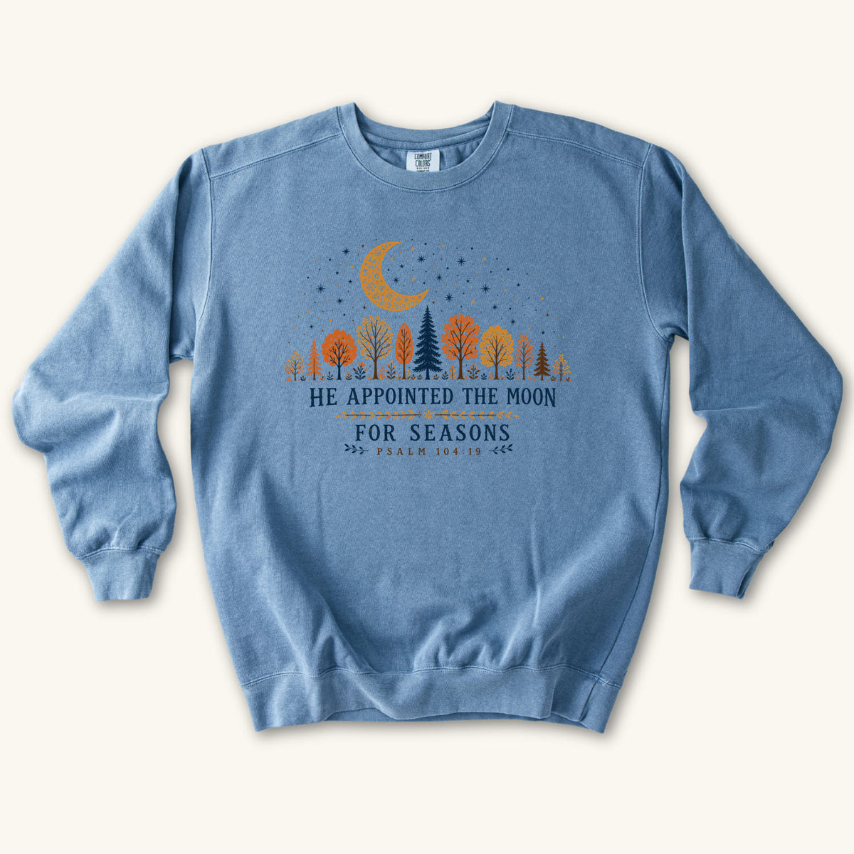 Blue Jean He Appointed the Moon sweatshirt flat lay mockup, Psalm 104:19 Christian apparel for women