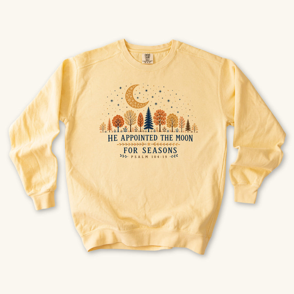 Butter He Appointed the Moon sweatshirt flat lay mockup, Psalm 104:19 Christian apparel for women