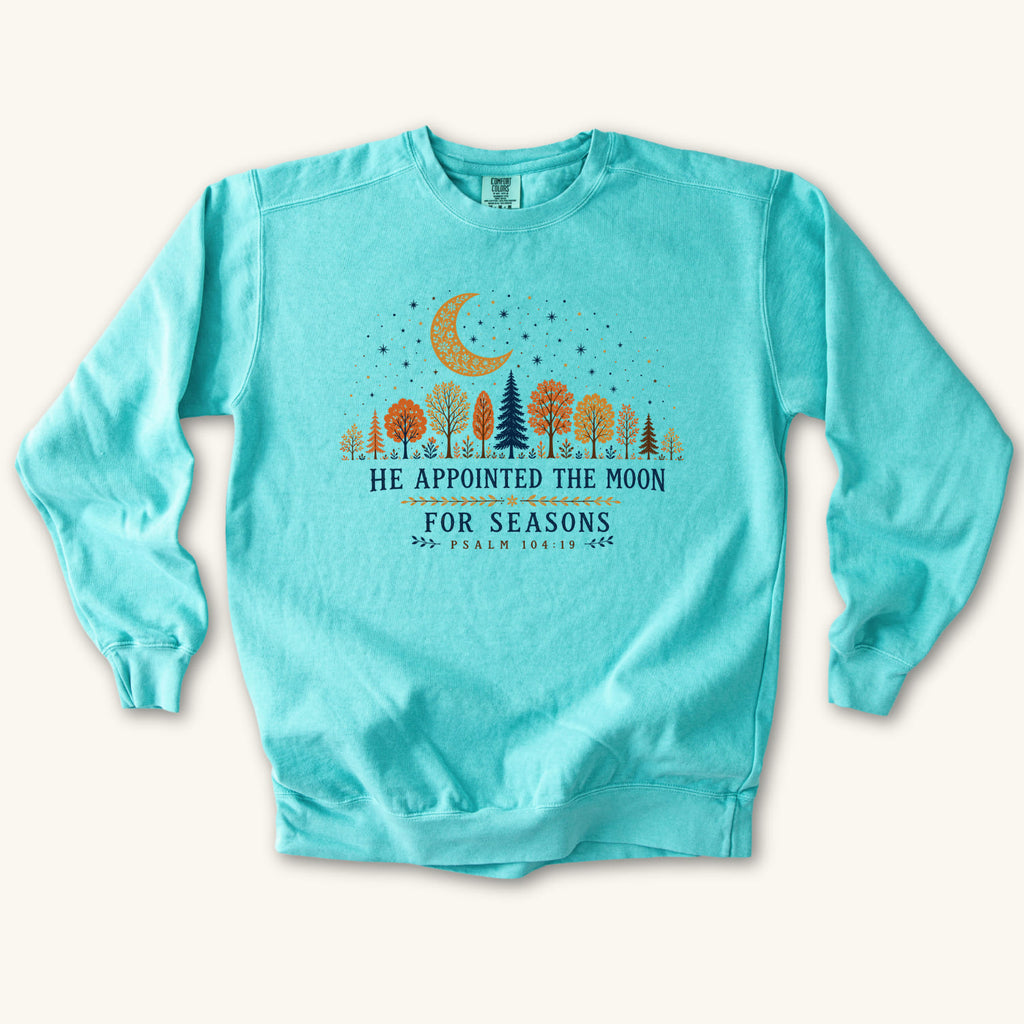 Chalky Mint He Appointed the Moon sweatshirt flat lay mockup, Psalm 104:19 Christian apparel for women