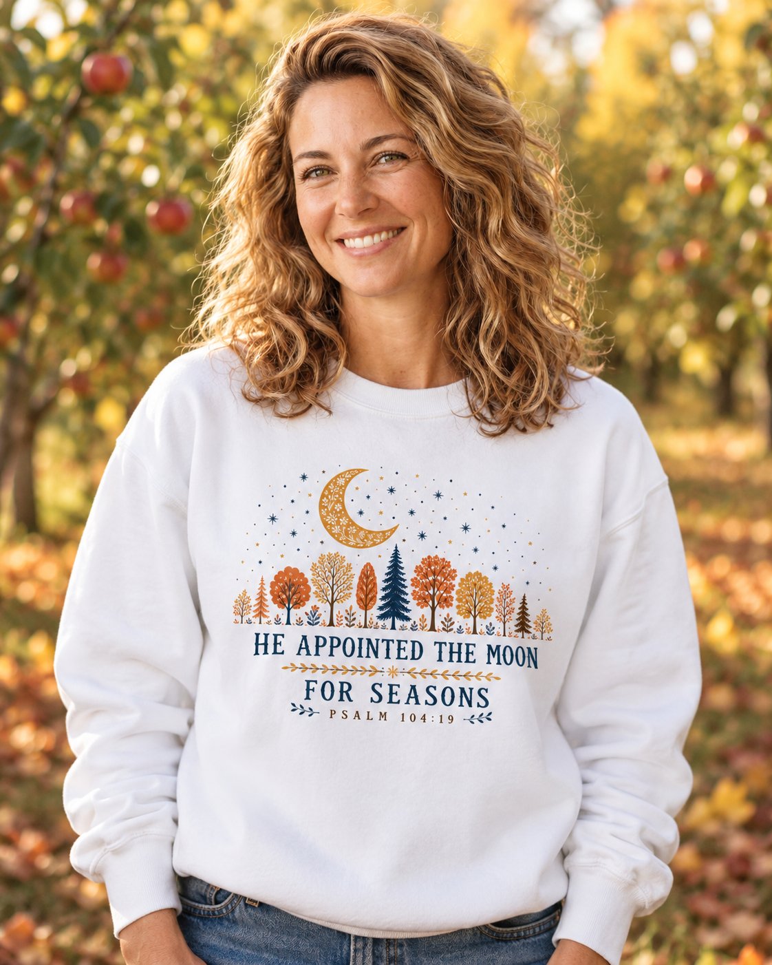He Appointed the Moon – White women's Christian sweatshirt, lifestyle photo in cozy autumn harvest setting – Crescent moon over autumn trees with HE APPOINTED THE MOON – She Wears Faith
