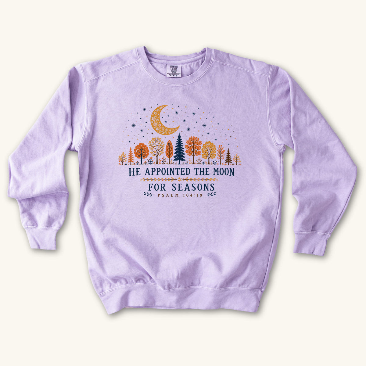 Orchid He Appointed the Moon sweatshirt flat lay mockup, Psalm 104:19 Christian apparel for women