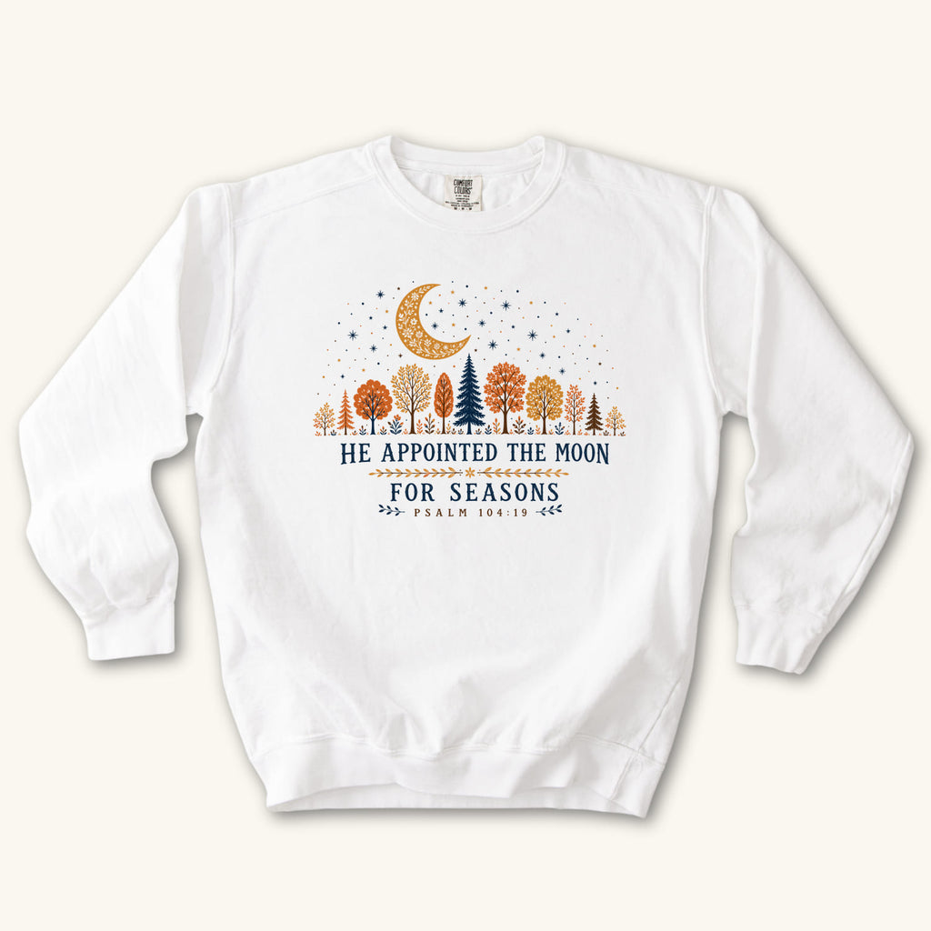 White He Appointed the Moon sweatshirt flat lay mockup, Psalm 104:19 Christian apparel for women
